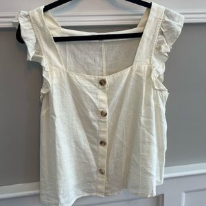 LINEN-BLEND RUFFLE-STRAP BUTTON-UP TANK TOP